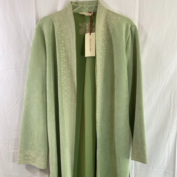 Solitaire Long Sleeve Open Duster Mint Green White Embroidery NWT Women's Size L - Picture 14 of 16